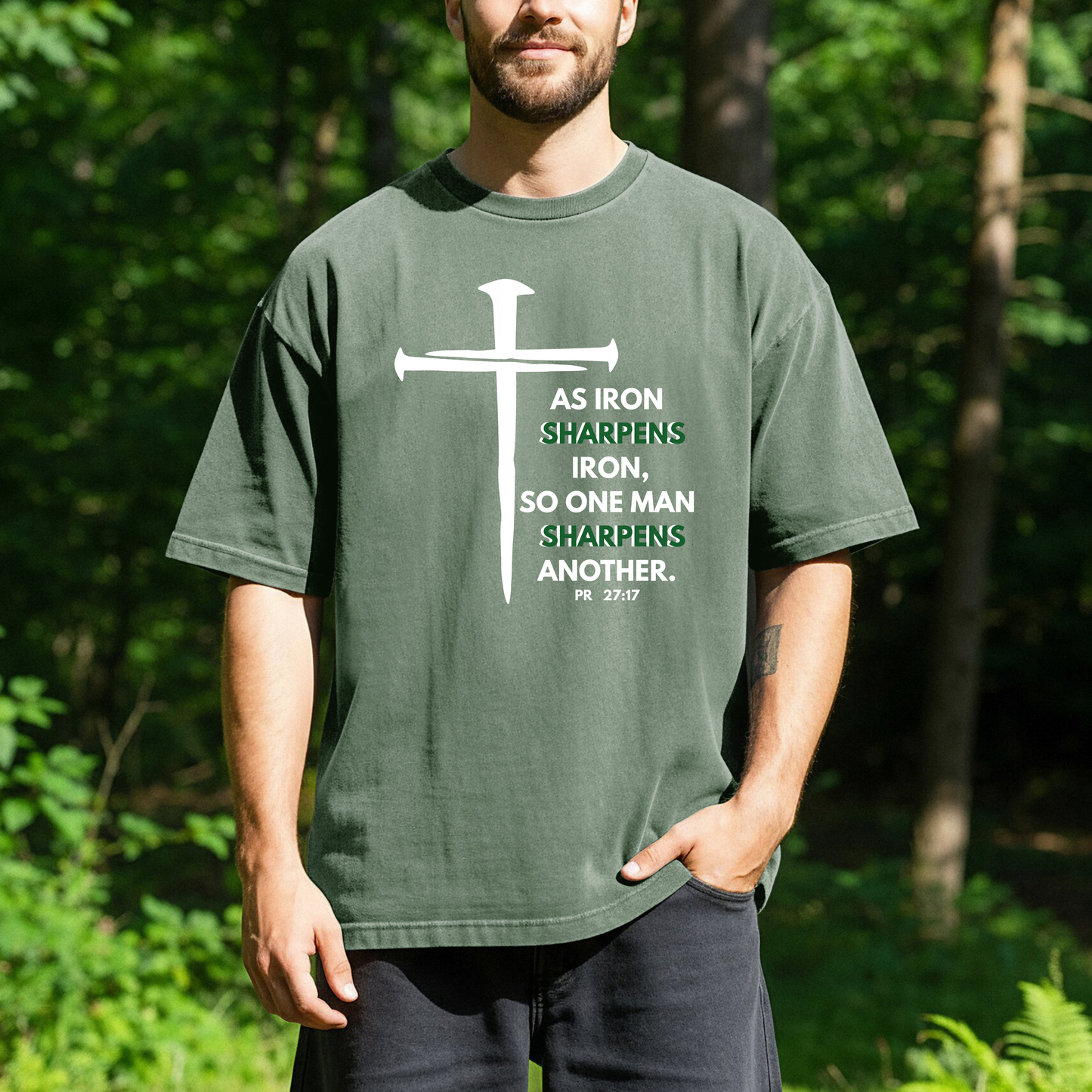 As Iron Sharpens Iron Men's Christian T-Shirt - Proverbs 27:17 Faith Tee